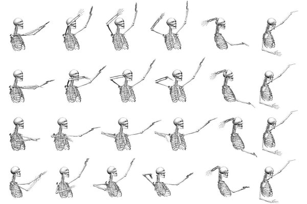 Figura 1. Técnicas de balanceo de brazos. (a) arco y flecha alto, (b) arco y flecha bajo, (c) chasquido, y (d) circular. Las técnicas “a, b y c” tienen un punto final en la posición de amartillamiento final, mientras que la técnica “d” tiene un movimiento continuo del brazo durante todo el movimiento de ataque.